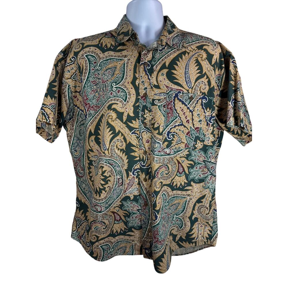 Chaps Ralph Lauren Short Sleeve Button Down Shirt Size Large 100% Cotton Paisley